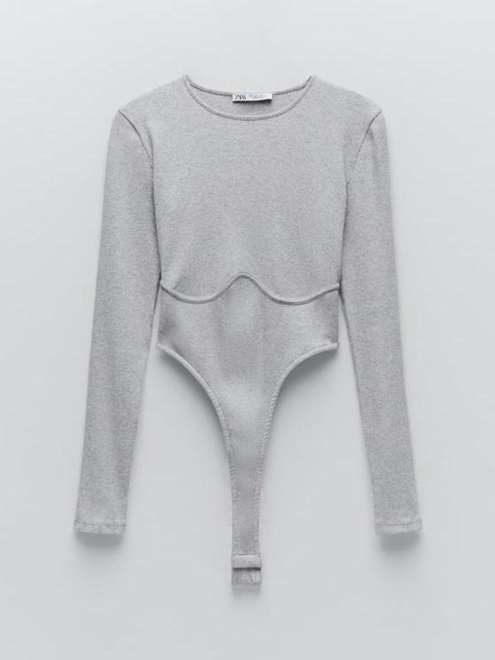 ZARA Grey Ribbed Thong Long Sleeve Stretchy Soft Fitted Bodysuit Size Small